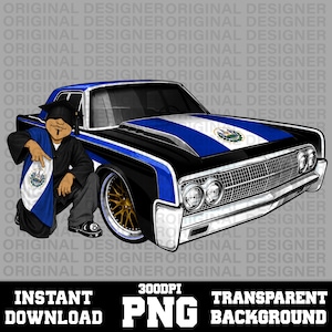 Op de afbeelding: Illustratie van een klassieke zwarte en blauwe auto met gouden velgen, met een Salvadoraans vlagontwerp op de motorkap. Een stripfiguur in een afstudeerjurk knielt naast de auto. De afbeelding bevat de tekst "INSTANT DOWNLOAD PNG TRANSPARENT BACKGROUND".