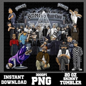 Peut inclure: Un design graphique numérique représentant un groupe de personnages de dessin animé devant un bâtiment étiqueté Homies hairChop. L'illustration inclut diverses figures en tenue urbaine, avec le texte Homies, 300DPI PNG et 20 OZ SKINNY TUMBLER.