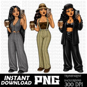 Peut inclure: Illustration numérique de trois femmes élégantes, chacune tenant un smartphone et une tasse de café à emporter. Elles portent des tenues modernes, dont un gilet et un pantalon à rayures, un haut marron avec des bretelles et un pantalon taille haute, et un blazer noir avec un pantalon large. L'image comprend le texte "INSTANT DOWNLOAD PNG".