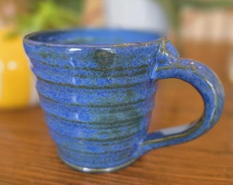 Blue Speckled Stoneware Pottery Cup | Wheel Thrown Wavy Textured Tea Mug