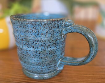 Blue Speckled Stoneware Mug | Wheel Thrown Wavy Textured Tea Cup