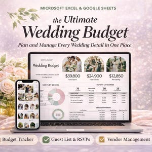 Puede incluir: Un portátil y un smartphone muestran una plantilla de presupuesto de boda. La pantalla del portátil muestra un desglose financiero detallado, mientras que el teléfono muestra una galería de fotos de boda. Se incluye el texto "the Ultimate Wedding Budget".