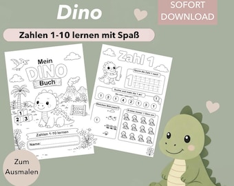 Vorschulbuch Dino | Zahlen 1-10 lernen | Arbeitsblätter Kindergarten/Schule | Lernmaterial Mathe | PDF Download zum Ausdrucken