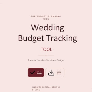 Könnte beinhalten: Ein digitales Hochzeitsbudget-Tracking-Tool mit dem Text "Wedding Budget Tracking TOOL" in dunkler Burgunder-Schrift. Der Hintergrund ist hellrosa. Enthält 1 interaktives Blatt zur Budgetplanung.