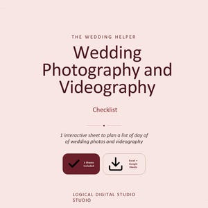 以下が含まれることがあります： 「Wedding Photography and Videography Checklist」のテキストが入った、結婚式の写真撮影とビデオ撮影用のデジタルチェックリスト。チェックマークと「1 Sheets Included」という文字が入った濃い赤色のボックスと、ダウンロードアイコンが含まれています。