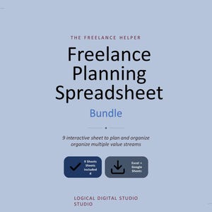 Paquete: Hoja de cálculo para organizar la carga de trabajo de freelance, incluye registro de tiempo, seguimiento de ingresos y gastos.