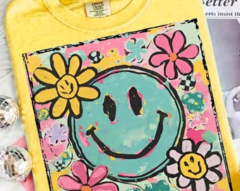 Retro Smiley Face Floral PNG, Inspirational Self Love, Motivational (Digital Download)