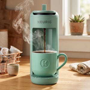 Puede incluir: Una cafetera Keurig de color verde salvia preparando una taza de café fresca en una taza a juego. El aparato presenta un diseño vertical con el logotipo de Keurig impreso en la parte frontal y vapor saliendo del líquido oscuro en la taza.