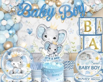 Olifant babyshowerversieringen jongen, blauwgouden feestpakket, servies, achtergrond, ballonnen