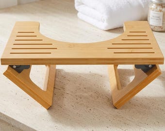 Bamboo Toilet Stool 7 Inch, Foldable Squatting Potty Stool for Adults, Non Slip Wooden Poop Stool, Space Saving Bathroom Step Stool