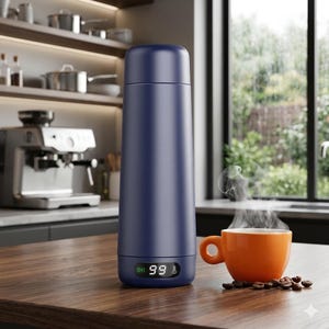 May include: A dark blue vacuum-insulated thermos with a digital temperature display at the base showing 99 degrees. The cylindrical bottle features a matching screw-top lid and is positioned next to an orange ceramic mug with rising steam.