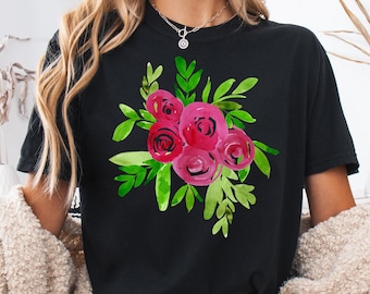 comfort colors pink watercolor floral t-shirt modern flower print graphic tshirt flower lover gift shirt spring summer tee easter flower