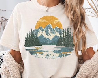 comfort colors mountain lake sunset t-shirt nature lover hiking graphic tshirt retro camping tee vintage outdoor pine tree hiking lover gift