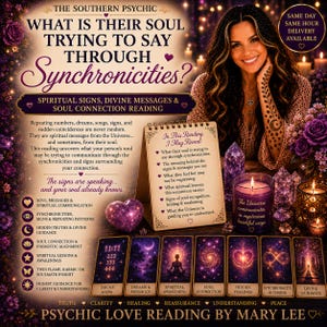 May include: An advertisement for a psychic reading. The image features a woman with long, dark hair, surrounded by purple flowers, crystals, and candles. Text includes "What is their soul trying to say through synchronicities?" and "Psychic Love Reading by Mary Lee."