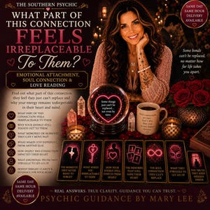 Puede incluir: Anuncio de lectura psíquica. La imagen presenta a una mujer, una bola de cristal con un corazón brillante, cartas del tarot, rosas y una taza de café. El texto incluye "Apego emocional, conexión del alma y lectura del amor."