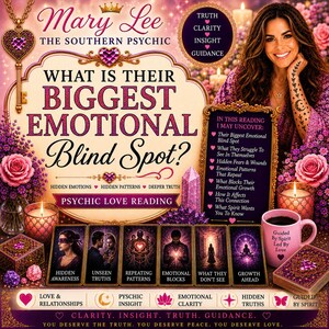 May include: A promotional graphic for Mary Lee The Southern Psychic featuring text about an emotional blind spot reading. The image includes six tarot-style cards, a pink mug, candles, roses, a gold key, and a person with arm tattoos.