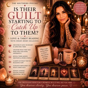 Puede incluir: Anuncio de "The Southern Psychic" con una mujer de pelo largo, rodeada de velas y cartas del tarot. El texto incluye "Is Their Guilt Starting to Catch Up to Them?" y "Love & Tarot Reading."