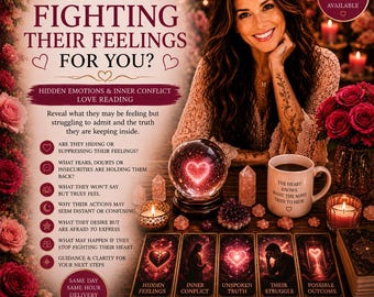 Peut inclure: Publicité pour un service de voyance. L'image présente une femme, des cartes de tarot, une boule de cristal avec un cœur et une tasse à café avec le texte "Le cœur sait ce que l'esprit essaie de cacher."
