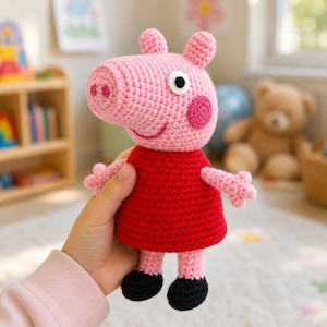 Könnte beinhalten: Eine handgefertigte Häkelpuppe in Rosa und Rot. Das Schwein hat einen rosafarbenen Kopf mit Schnauze, Ohren und einem lächelnden Gesicht. Es trägt ein rotes Kleid und schwarze Schuhe. Die Puppe wird in einer Hand gehalten.
