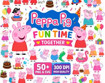 May include: A collection of Peppa Pig themed graphics. The image features various illustrations of Peppa Pig characters, cakes, balloons, and other party-related elements. Text includes "Peppa Pig FUN TIME TOGETHER" and "50+ PNG & SVG HIGH QUALITY".