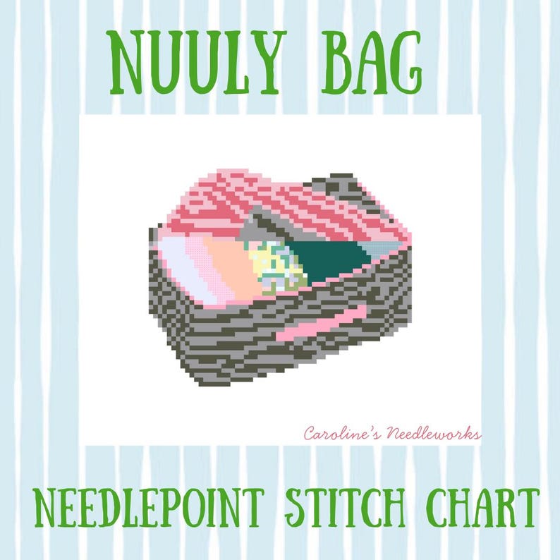 May include: A pixelated illustration of a Nuuly Bag, filled with colorful items. The bag is gray with pink and red accents. The text "Nuuly Bag" is in green, and "Needlepoint Stitch Chart" is below the bag.