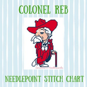 May include: Needlepoint stitch chart featuring a pixelated image of Colonel Reb in a red suit and hat, with a white beard and cane. The text "COLONEL REB" and "NEEDLEPOINT STITCH CHART" are in green.