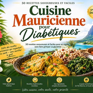 Op de afbeelding: Een kookboek getiteld Cuisine Mauricienne pour Diabétiques met een tropisch landschap, een rode hibiscus, een witte plumeria en een bord met Mauritiaanse curry met rijst en groenten op de cover.