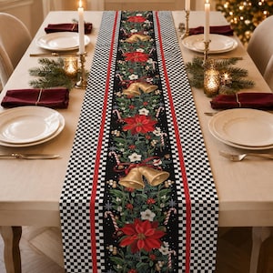 Christmas Table Runner, Black and White Checkered Poinsettia Bells, Washable Holiday Decor, 55 x 16 Inch