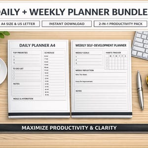 Pode incluir: Um pacote de planejadores diários e semanais com o texto "DAILY + WEEKLY PLANNER BUNDLE". O pacote inclui dois planejadores, uma xícara de café, um teclado, uma caneta e clipes de papel. Os planejadores são rotulados como "DAILY PLANNER A4" e "WEEKLY SELF-DEVELOPMENT PLANNER".