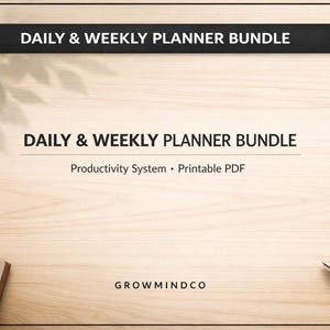 May include: A digital graphic featuring the text DAILY & WEEKLY PLANNER BUNDLE at the top and center, with the subtitle Productivity System • Printable PDF below it. The brand name GROWMINDCO is at the bottom center on a light wood grain background.