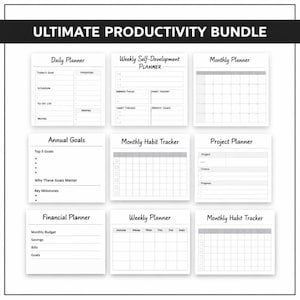 Può includere: Un pacchetto di produttività digitale con nove modelli di pianificatori bianchi con testo nero. Include pianificatori giornalieri, settimanali, mensili, obiettivi annuali, progetti e finanziari, oltre a due tracker di abitudini mensili.
