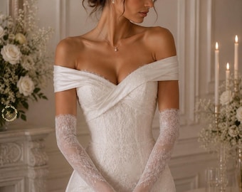 Lunghi guanti da sposa in pizzo avorio – Accessori da sposa in pizzo Chantilly trasparente