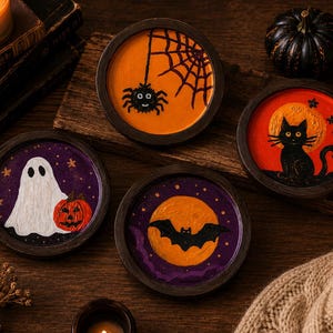 Pode incluir: Quatro porta-copos redondos de madeira com desenhos de Halloween pintados à mão. Um mostra uma aranha e teia em laranja, um gato preto contra uma lua amarela, um fantasma branco com uma abóbora e um morcego preto sobre fundo roxo.