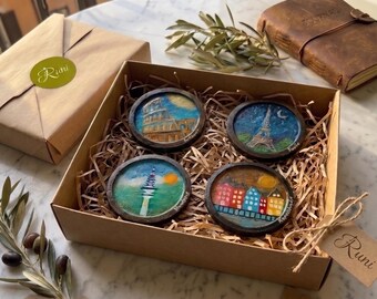 Individuell gestaltetes City-Untersetzer-Set | Handgefertigte Getränkeuntersetzer aus Holz (3-8 Stück)