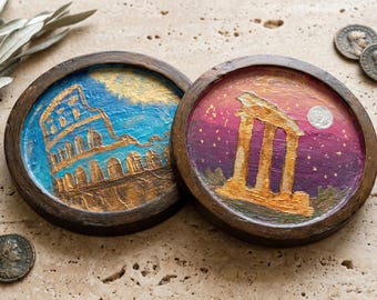 Rom Untersetzer Set, Kolosseum Tempel Kunst, handgemachte Holzuntersetzer, Italien Geschenk, Rom Dekor