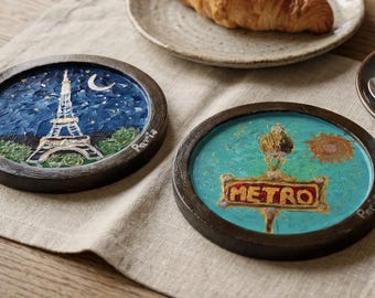 Paris Untersetzer-Set, Eiffelturm Kunst, handgefertigte Holzuntersetzer, Frankreich Geschenk, Paris Decor