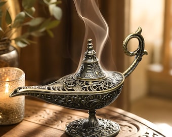 Antike Messing Genie Lampe: Handgeätzte 1001 Nacht Dekor Ornament