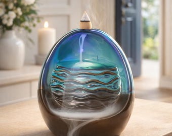Quemador de incienso de cerámica azul con forma de cascada, soporte para humo, decoración para meditación zen.