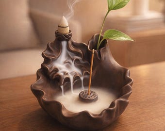 Backflow Incense Burner Lotus Leaf Ceramic Waterfall Smoke Zen Meditation Gift