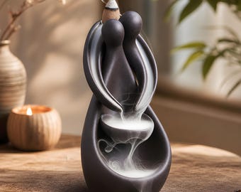 Backflow Incense Burner Couple Ceramic, Waterfall Smoke Effect, Zen Home Decor Gift
