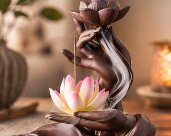 Lotus Backflow Incense Burner, Zen Waterfall Smoke Holder, Meditation Decor