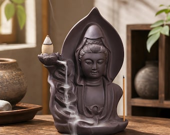 Estatua de Guanyin, porta incienso de arcilla púrpura, figura budista de loto, decoración para altar zen del hogar, regalo