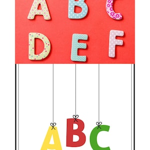 Könnte beinhalten: Ein Set aus Buchstaben des Alphabets mit A, B, C, D, E und F in verschiedenen Mustern und Farben auf rotem Hintergrund, platziert über einem weißen rechteckigen Bereich, in dem die Buchstaben A, B und C an schwarzen Schnüren hängen.