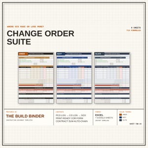 May include: A digital Change Order Suite document template featuring 6 sheets and 713 formulas. The layout displays three color-coded versions in amber, navy, and slate, titled Summit Ridge Construction Group, with sections for logs, forms, and contract sums.