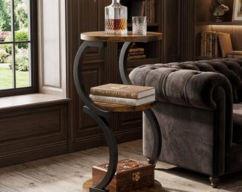 3-Tier Round Side Table, S-Shaped Rustic Wood Metal End Table For Living Room