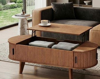 Oval Lift Top Coffee Table with Fluted Storage, Mid Century Oak Furniture