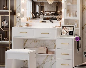 Makeup Vanity Desk with Mirror, 3-Color LED Lights, Drawers, Cabinet Storage
