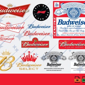 Może przedstawiać: Kolekcja logo i etykiet Budweisera w kolorach czerwonym, białym i złotym. Projekty zawierają nazwę Budweiser, motywy korony oraz teksty takie jak "King of Beers" i "Genuine".