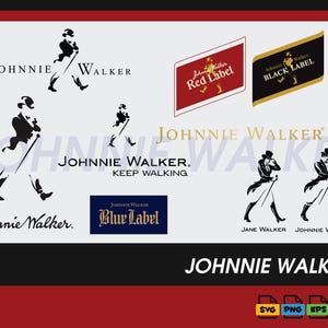 Puede incluir: Una colección de logotipos y etiquetas de Johnnie Walker, incluyendo Red Label, Black Label y Blue Label. La imagen presenta la icónica figura del Striding Man en varias poses y el texto "Johnnie Walker."