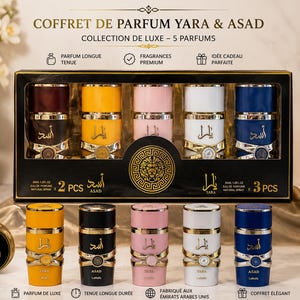 Può includere: Un set regalo di profumi contenente cinque flaconi da 30ml di fragranze Yara e Asad. La scatola nera riporta il testo COFFRET DE PARFUM YARA & ASAD, COLLECTION DE LUXE – 5 PARFUMS, con accenti dorati, un emblema di leone e cinque flaconi colorati.